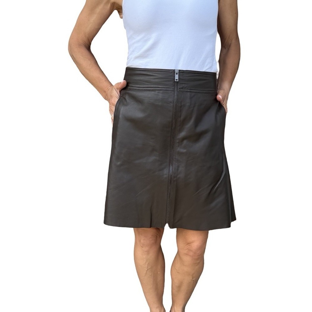 Massimo Dutti Mini A Line Skirt Genuine Leather Brown Front Zip Large NWT $200 - Picture 5 of 16